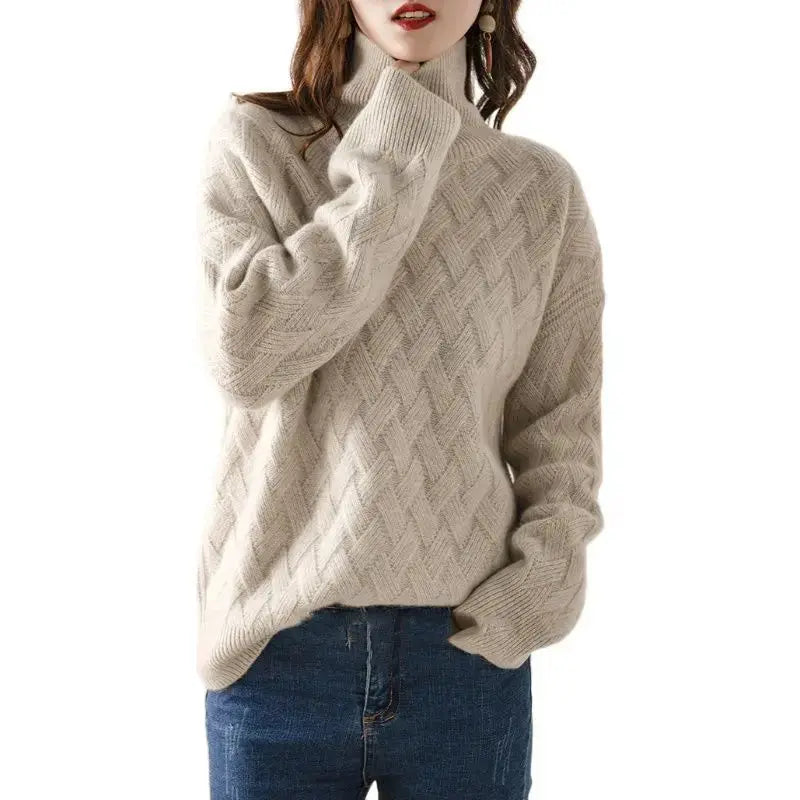 Cream oversized cable-knit turtleneck pullover sweater, long sleeves and ribbed cuffs