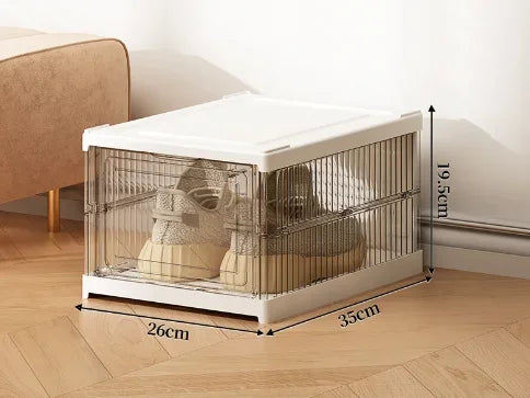 Compact clear foldable shoe storage bin with white lid and wire mesh sides