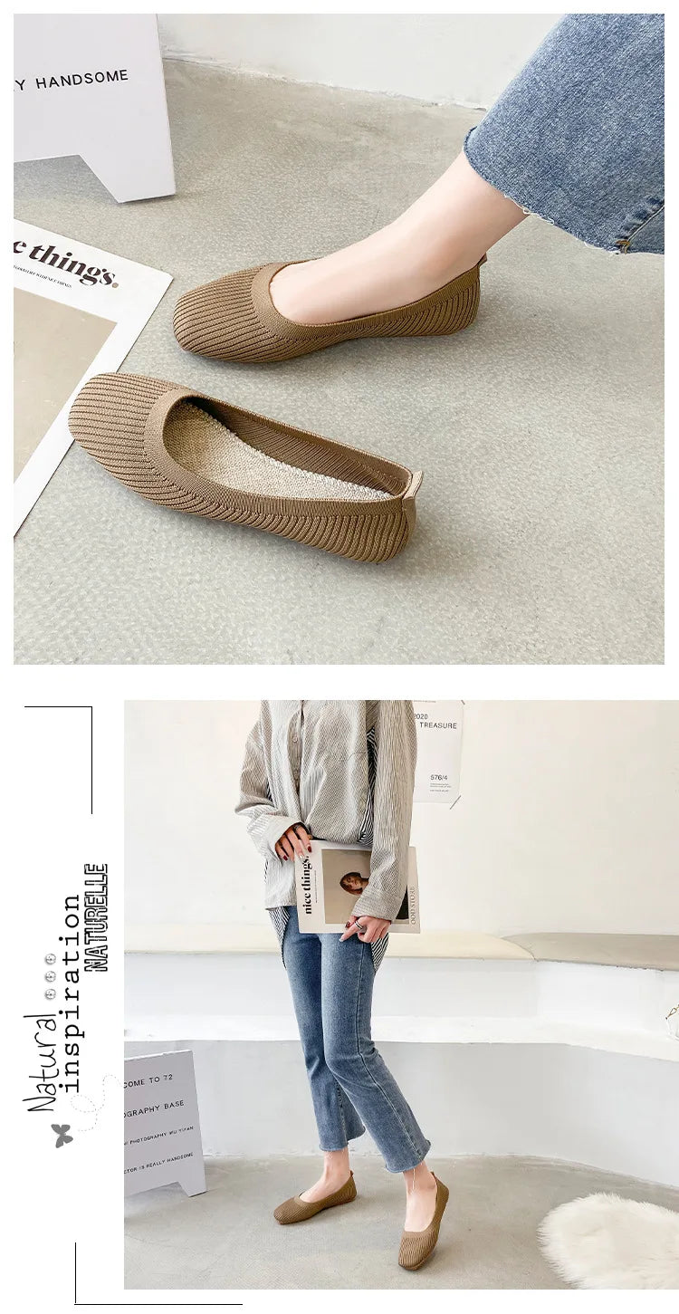 Women’s tan/beige knitted square-toe slip-on flat loafers, breathable and flexible