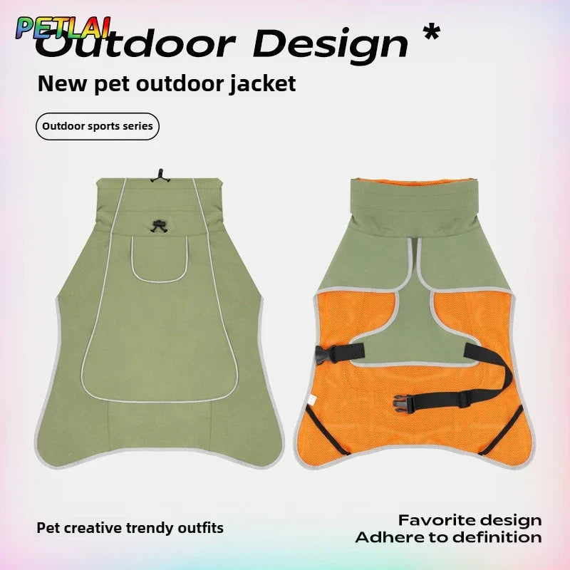 Green dog outdoor jacket with front pouch and adjustable chest strap