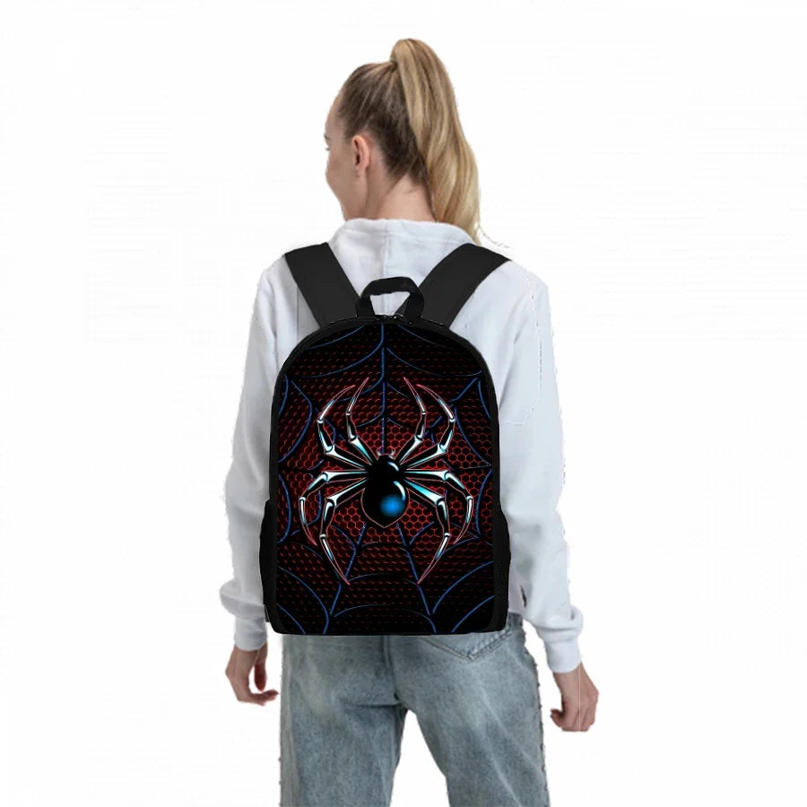 Kids black spider web backpack with adjustable straps, shown worn from behind