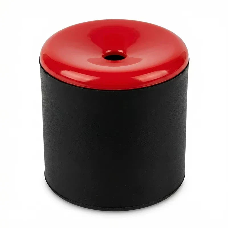 Black prank toy can with red snap-on lid, spring trick top opening