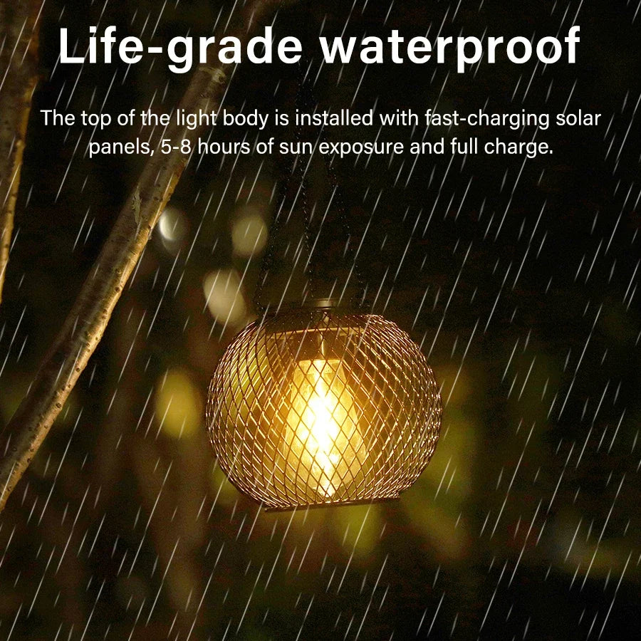 Waterproof solar LED hanging lantern with glowing mesh globe and metal chain