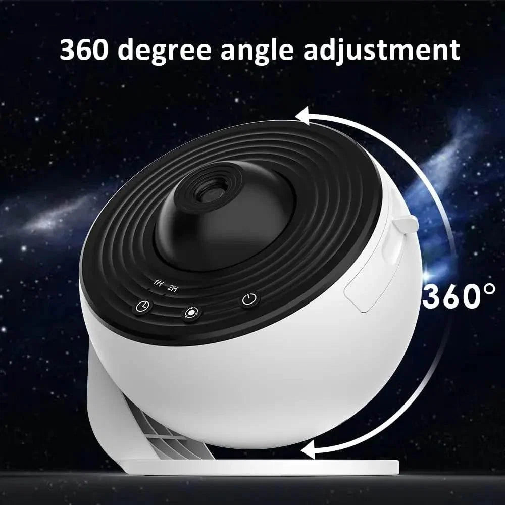 White and black star projector showing 360° rotation adjustment