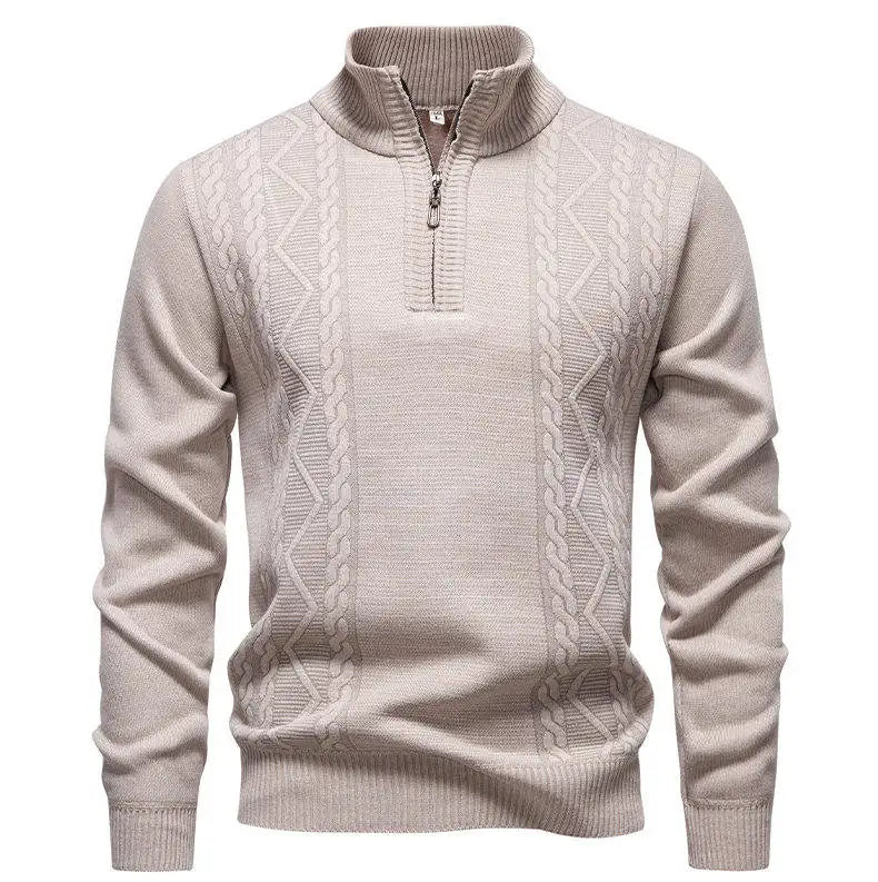 Men's knit half-zip pullover sweater in beige, stand collar and vertical cable design