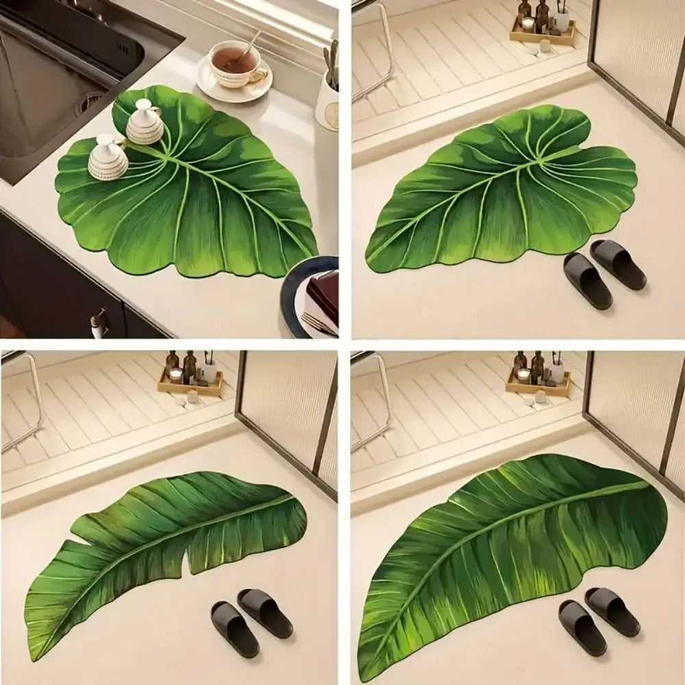 Green leaf bath mat rug shown on bathroom floor with veined leaf pattern