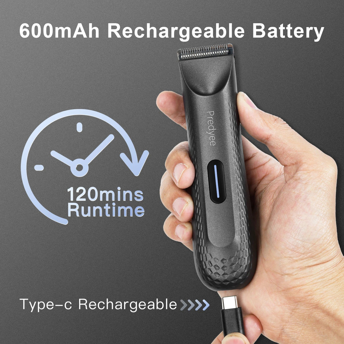 Rechargeable dark gray hair trimmer held in hand with Type-C charging cable