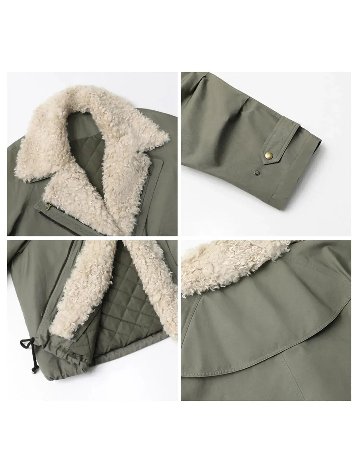 Dark green jacket details with cream sherpa trim, snap pockets, and drawstring hem