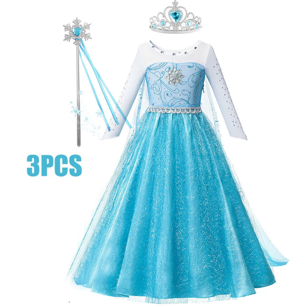 Blue glitter kids princess dress with silver crown, tulle skirt, and long sheer sleeves.