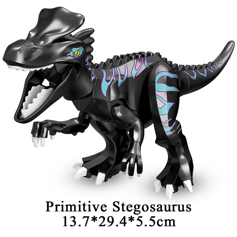 Black dinosaur building block figure with neon purple stripes and yellow eye
