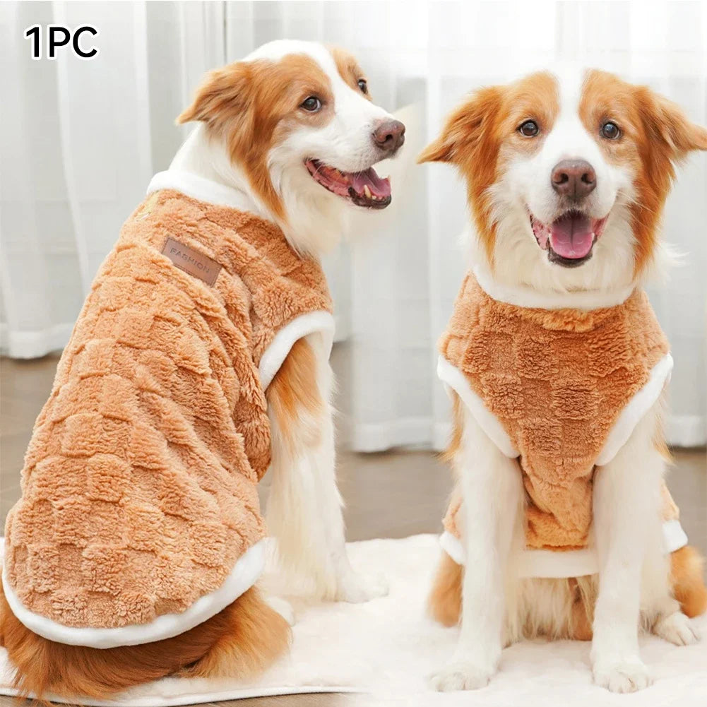 Fleece dog pullover sweater in brown with brown patch label and white trim