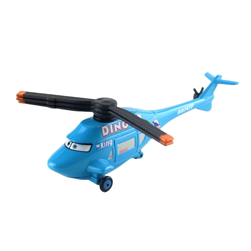 Blue diecast race car model with black wing, orange details, side view