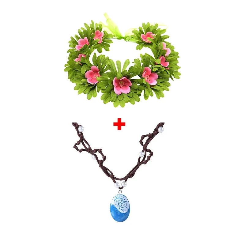 Flower head wreath and beaded necklace with heart pendant