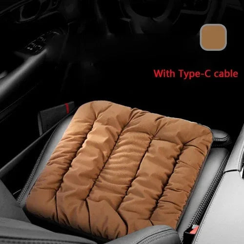 Brown electric heating cushion pad for pets, quilted design with connected Type-C cable.