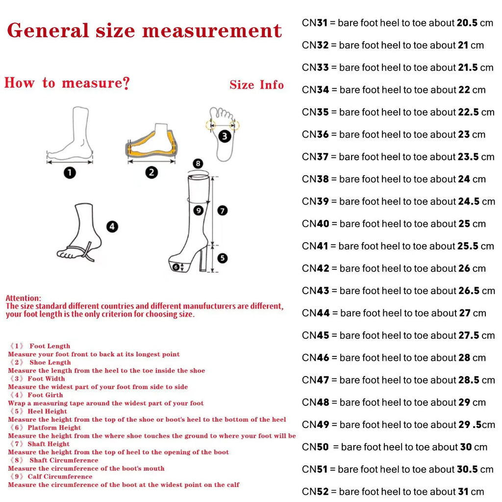 Size chart poster for women’s high-heel shoe fitting, with measurement guide and list