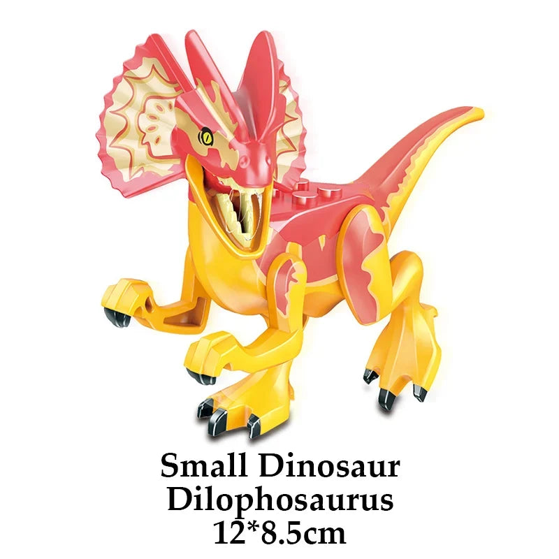 Red and yellow Dilophosaurus dinosaur building block figure, open mouth and claws