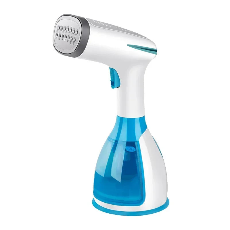 Handheld garment steamer with blue water tank and stainless-steel style steam nozzle