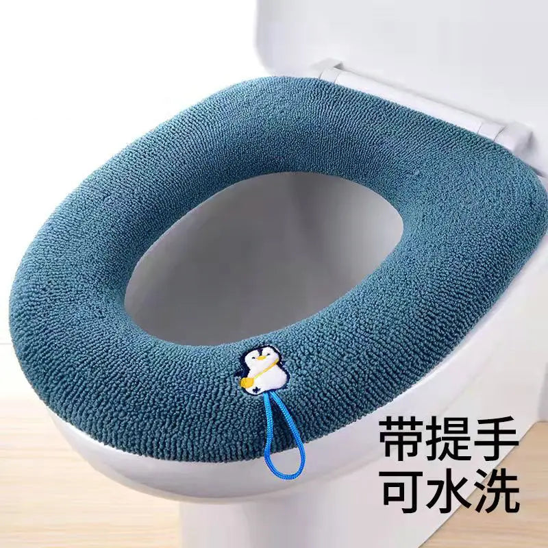Toilet seat cover mat cushion, thick teal blue with handle loop and oval cutout
