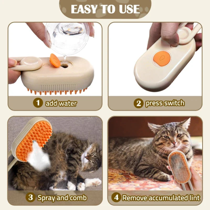 Pet steam brush with orange bristle head, power button, and water/switch steps