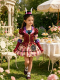 Girls burgundy plaid dress costume set with bunny ear headband and blue bow accents