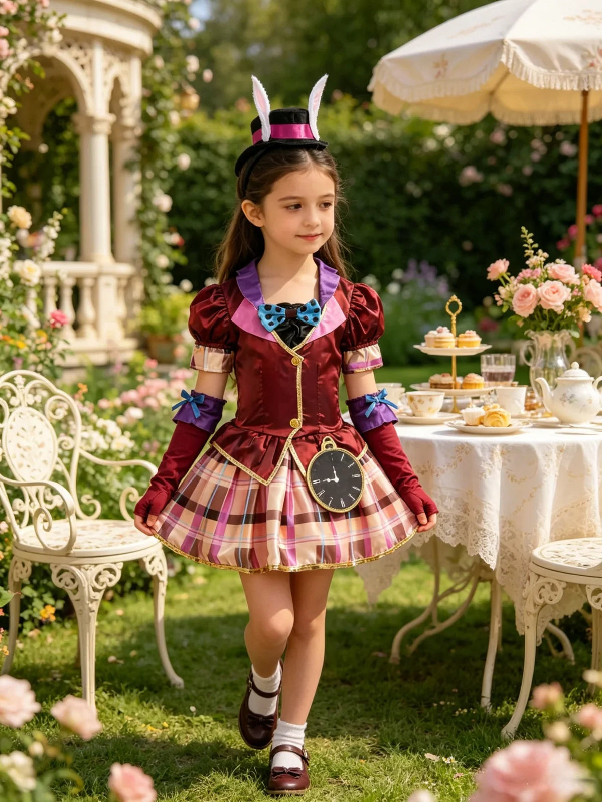 Girls burgundy plaid dress costume set with bunny ear headband and blue bow accents