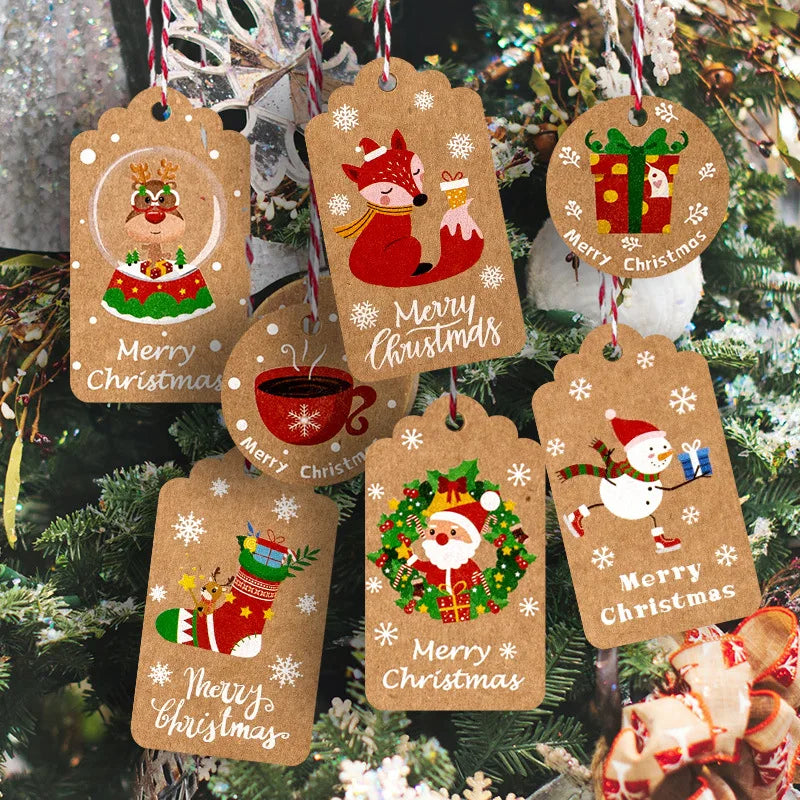 Hanging kraft Christmas gift tags with Santa, reindeer, and tree illustrations