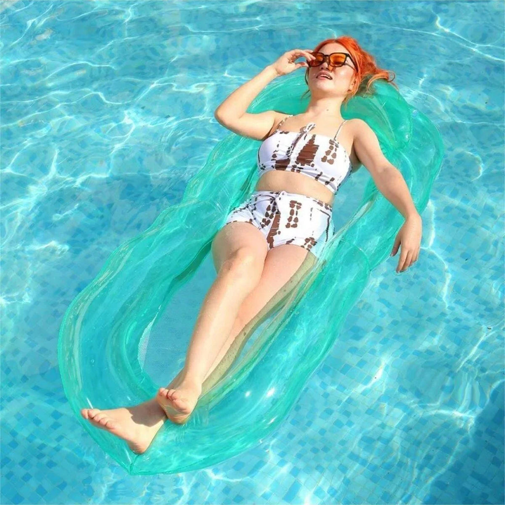 Inflatable pool lounger float, light green with raised headrest for adults