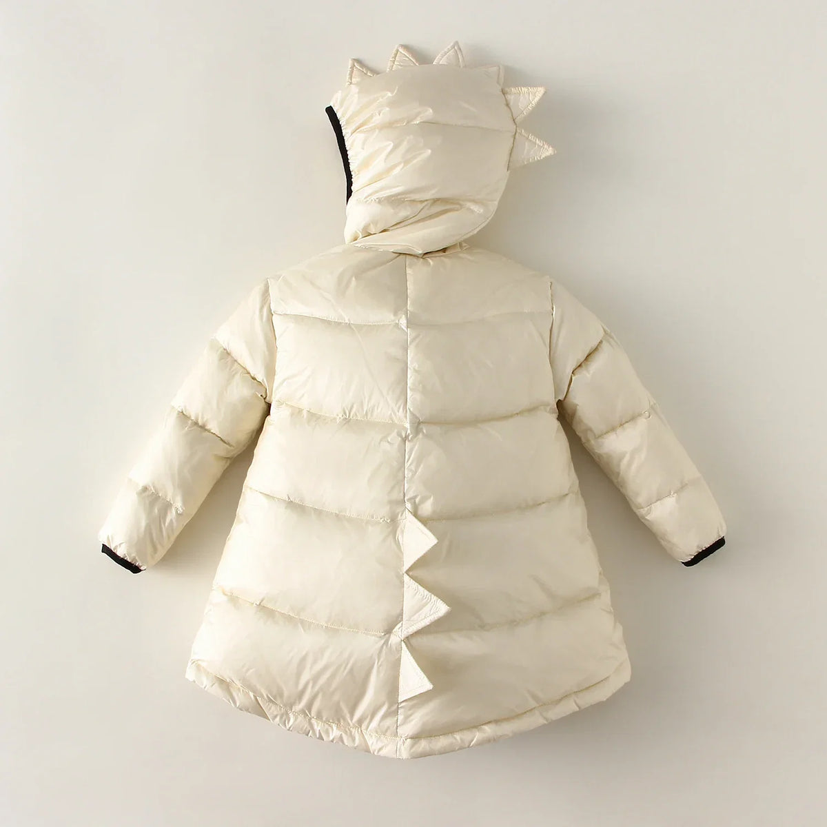 Kids white dinosaur-hood puffer parka coat with spiked hood and full-zip front