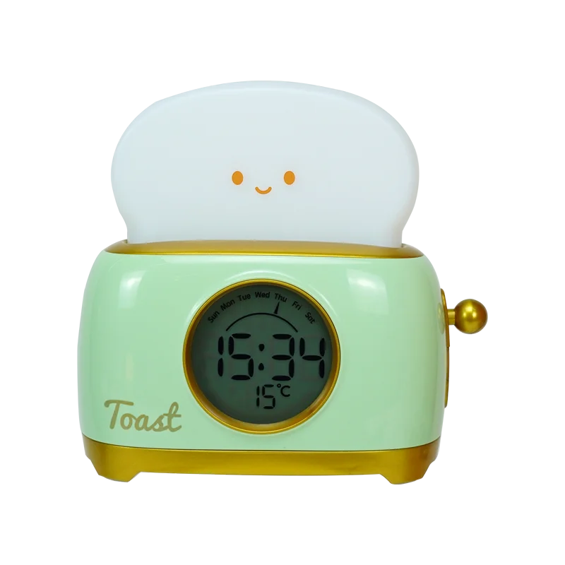 Light green toaster-shaped kids alarm clock night light with glowing face display