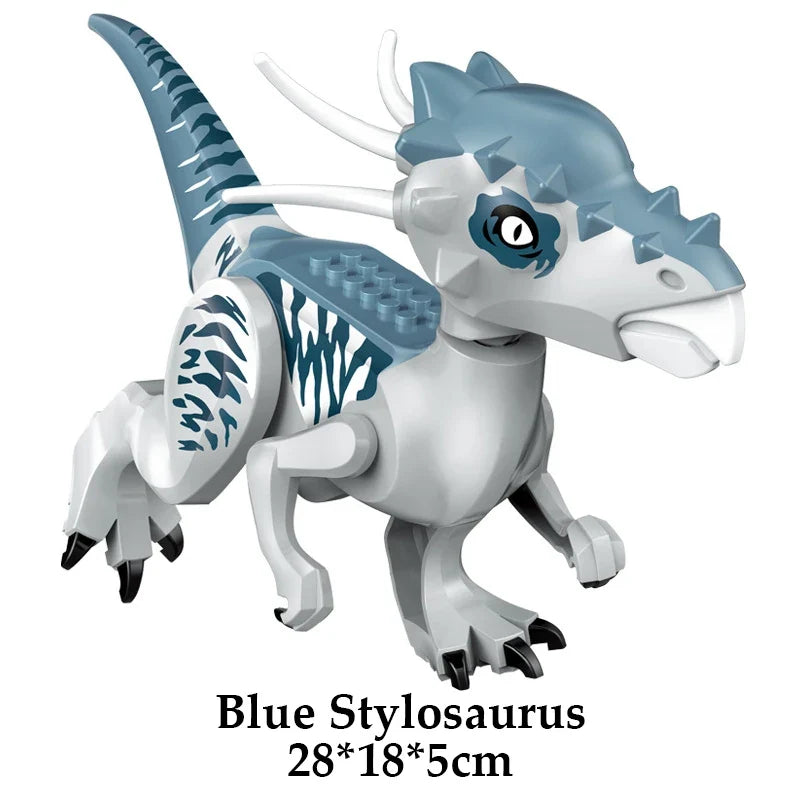 Light blue and white dinosaur building block figure with striped back fins