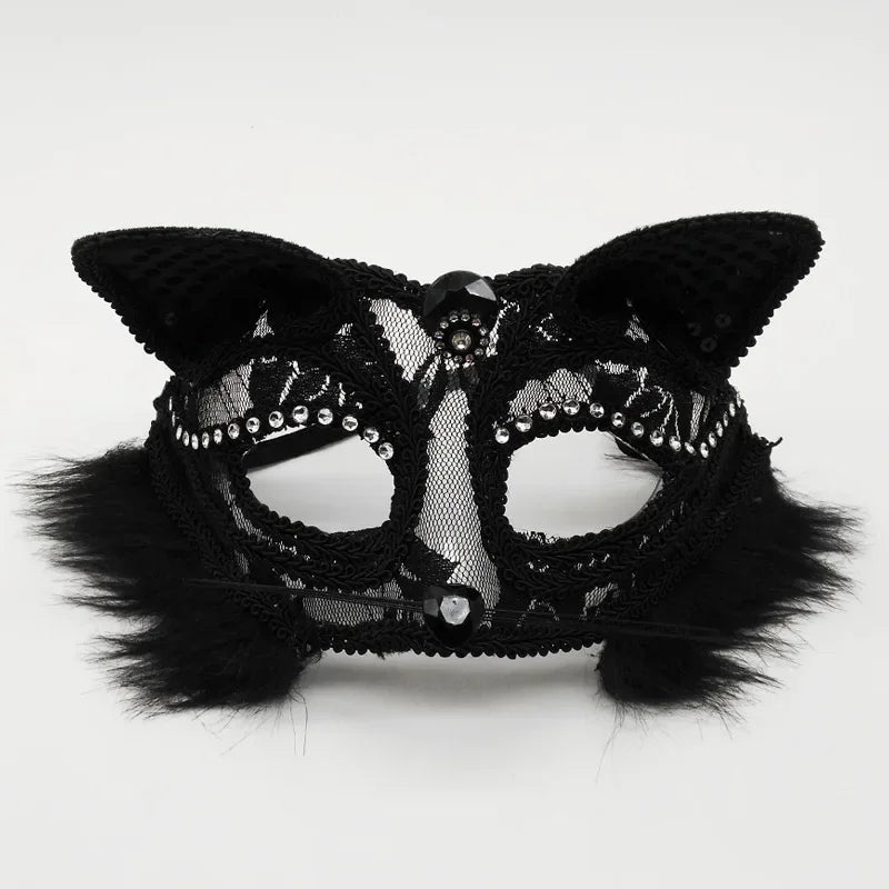 Black cat masquerade mask in lace with rhinestone details and faux fur trim