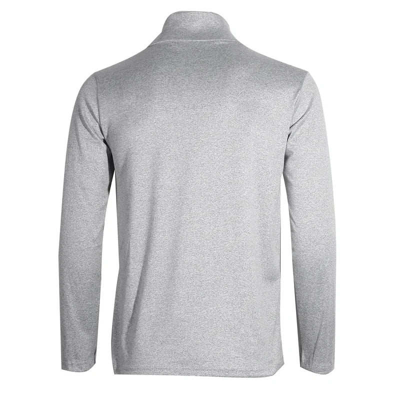 Light grey slim-fit thermal shirt, high neck and long sleeves; plain back view