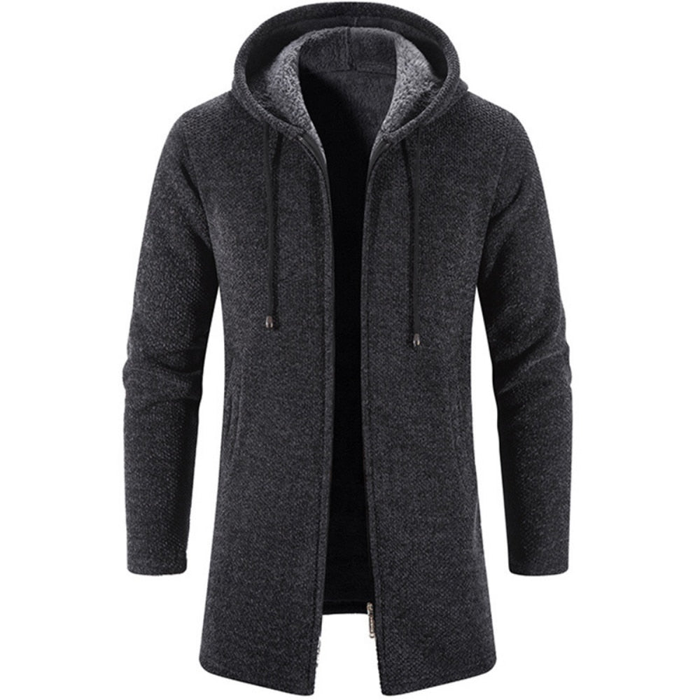 Men's hooded cardigan coat in heather gray knit, front zipper, drawstring hood