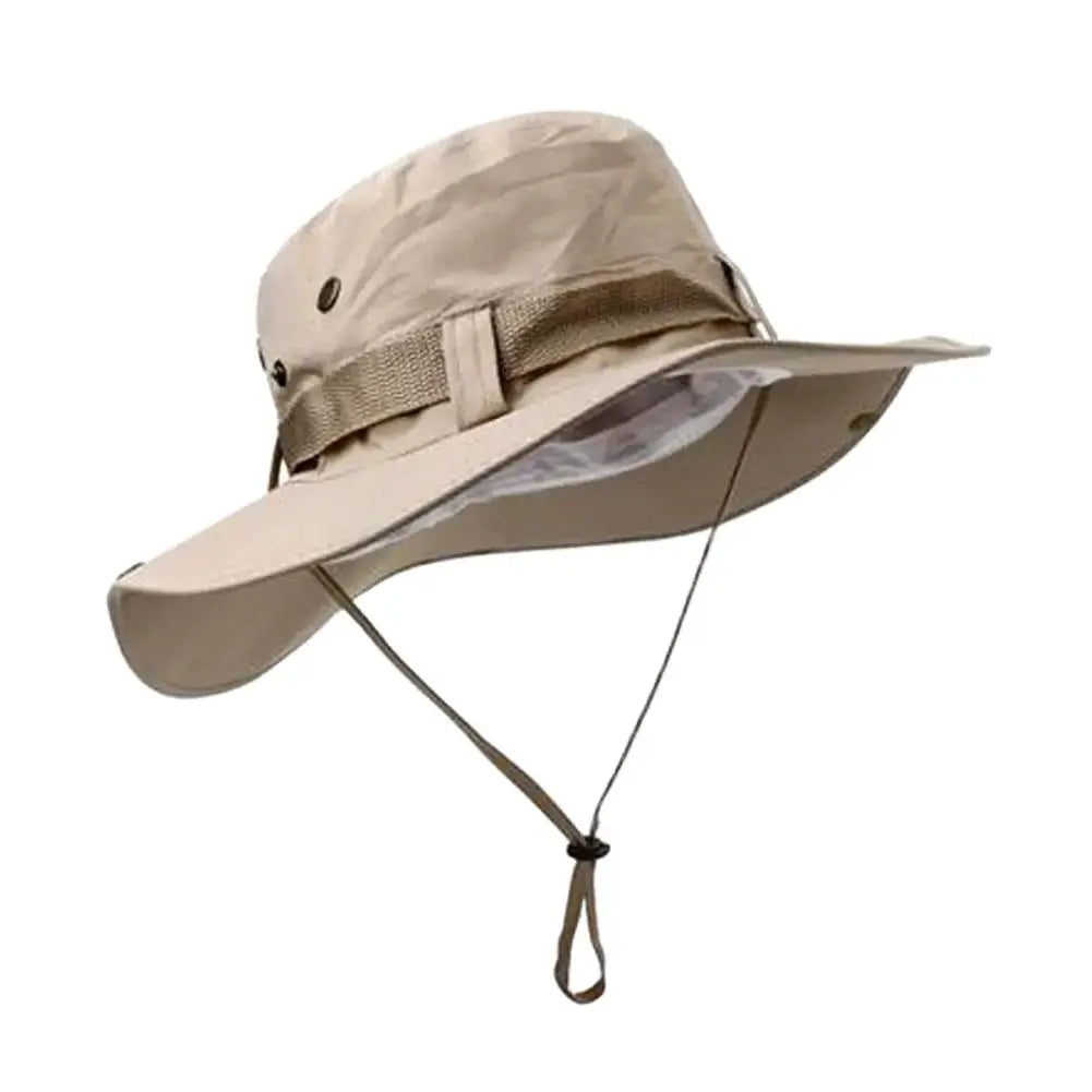 Khaki wide-brim bucket hat with chin cord, front brim profile on white