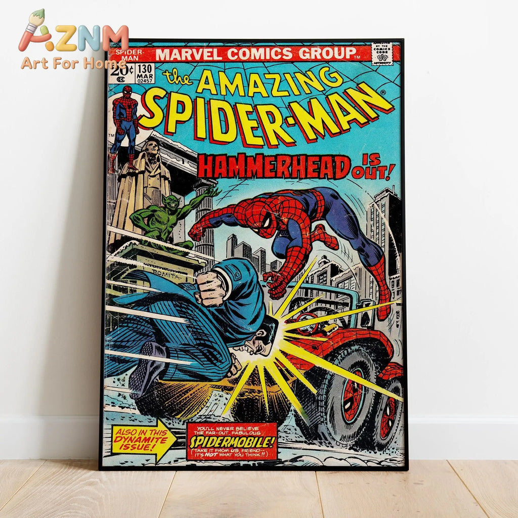 Spider-Man comic canvas poster with Spider-Man fighting a monster, blue city splash