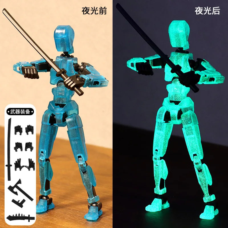 Glow-in-the-dark cyan robot action figure, poseable joints with sword and gun