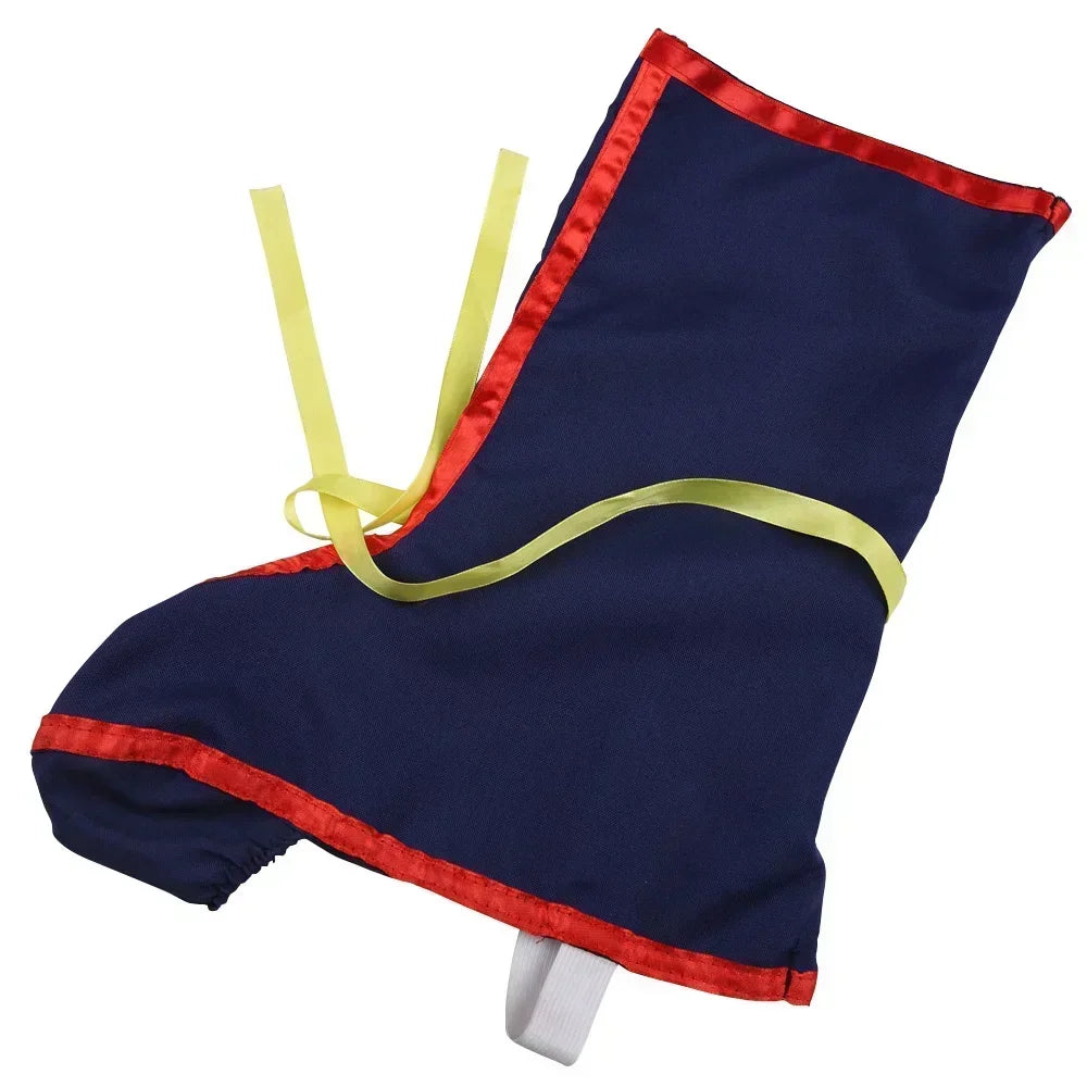 Navy shoe cover with red trim, yellow drawstrings, and layered cuff edge