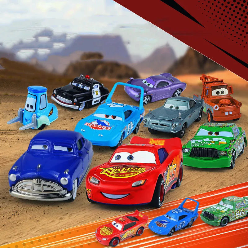 Assorted diecast race cars, including blue, red, green, and yellow models