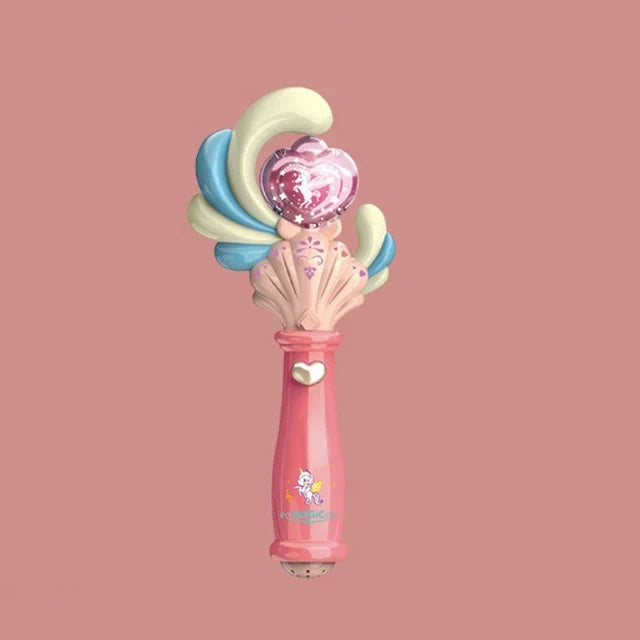 Pink light-up princess wand with swirl head and glowing pink snowflake