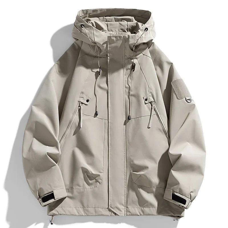 Men's khaki hooded waterproof windbreaker jacket with zip front and utility pockets
