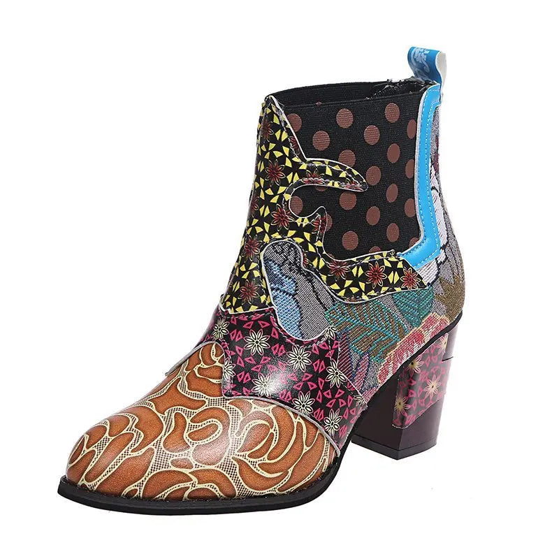 Women’s ankle boots with multicolor patchwork print and chunky block heel