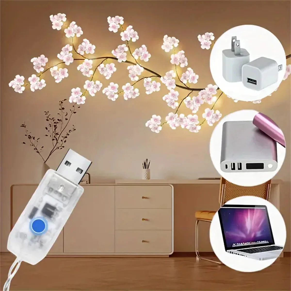 Cherry blossom LED USB string lights with controller and adapter, warm white pink blooms