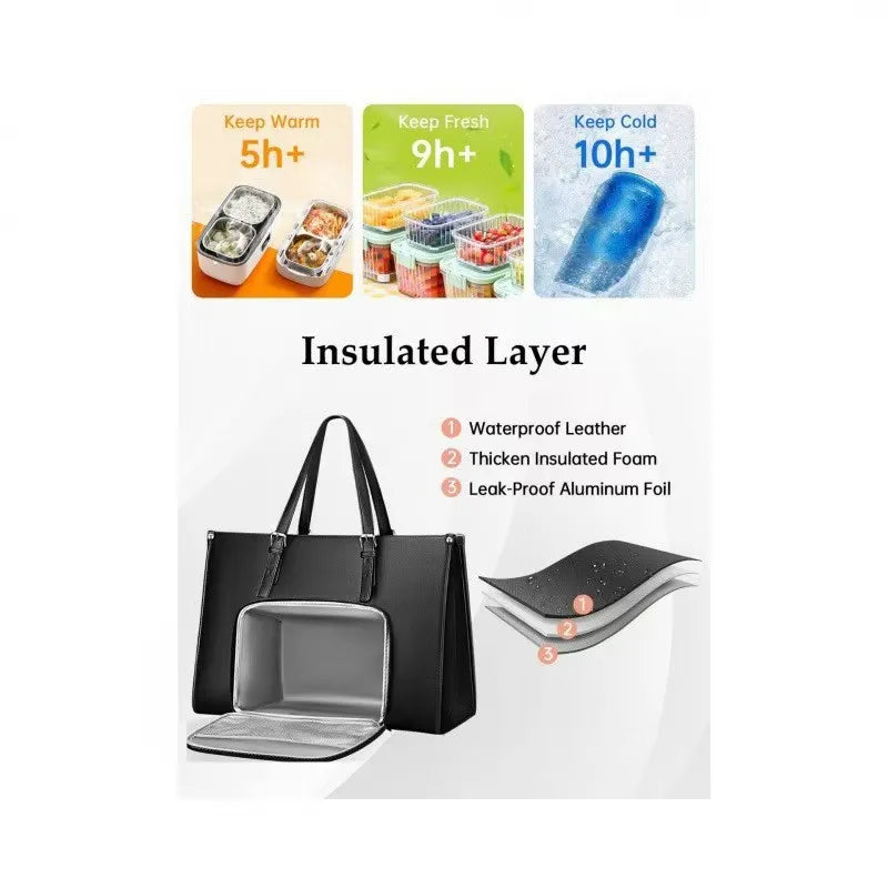 Black insulated tote bag with front insulated panel and double carry handles