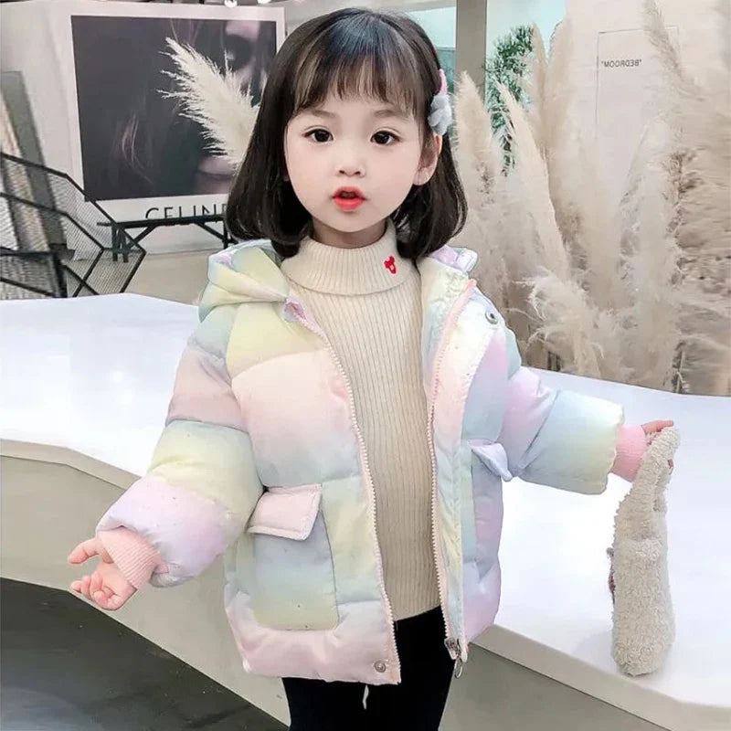 Kids' pastel hooded puffer jacket on child, front zipper and layered chest pockets