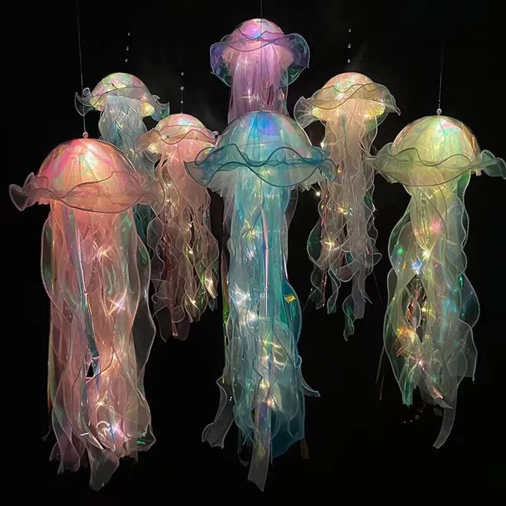 Jellyfish lantern hanging lamp set with glowing multicolor jellyfish silhouettes