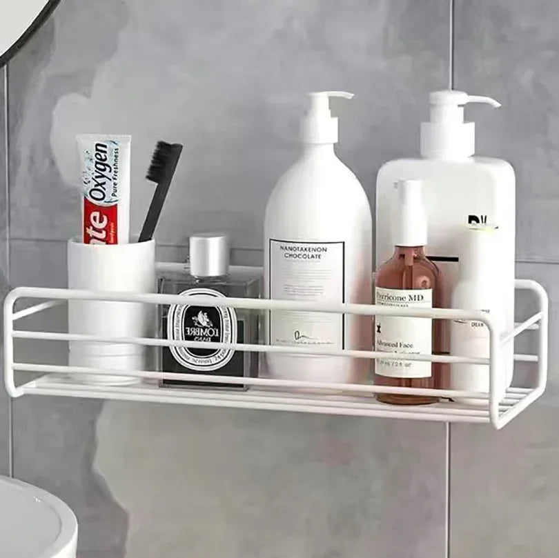 White metal wall shelf organizer with curved wire front for bottles
