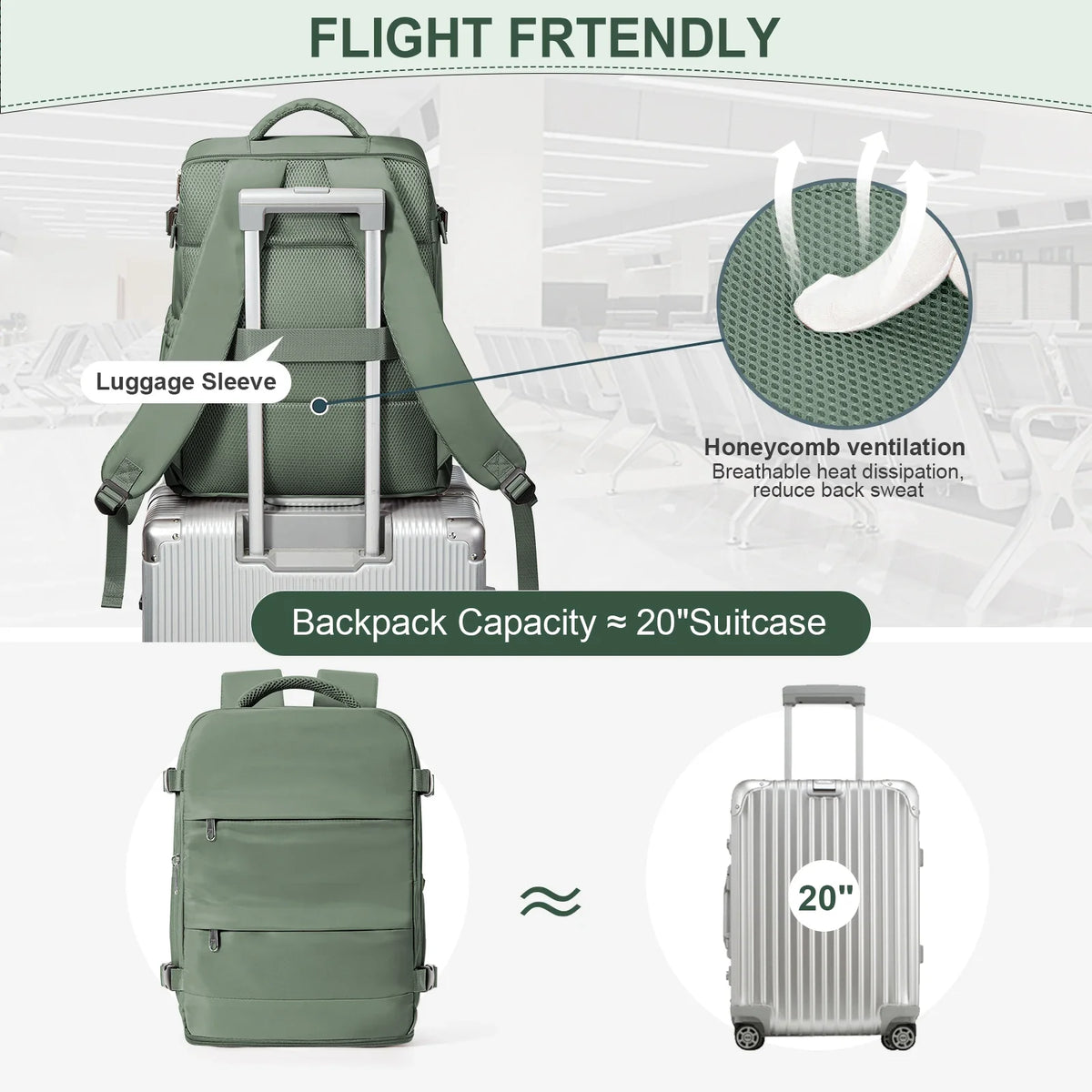 Army green flight-friendly backpack with luggage sleeve and ventilated honeycomb back panel
