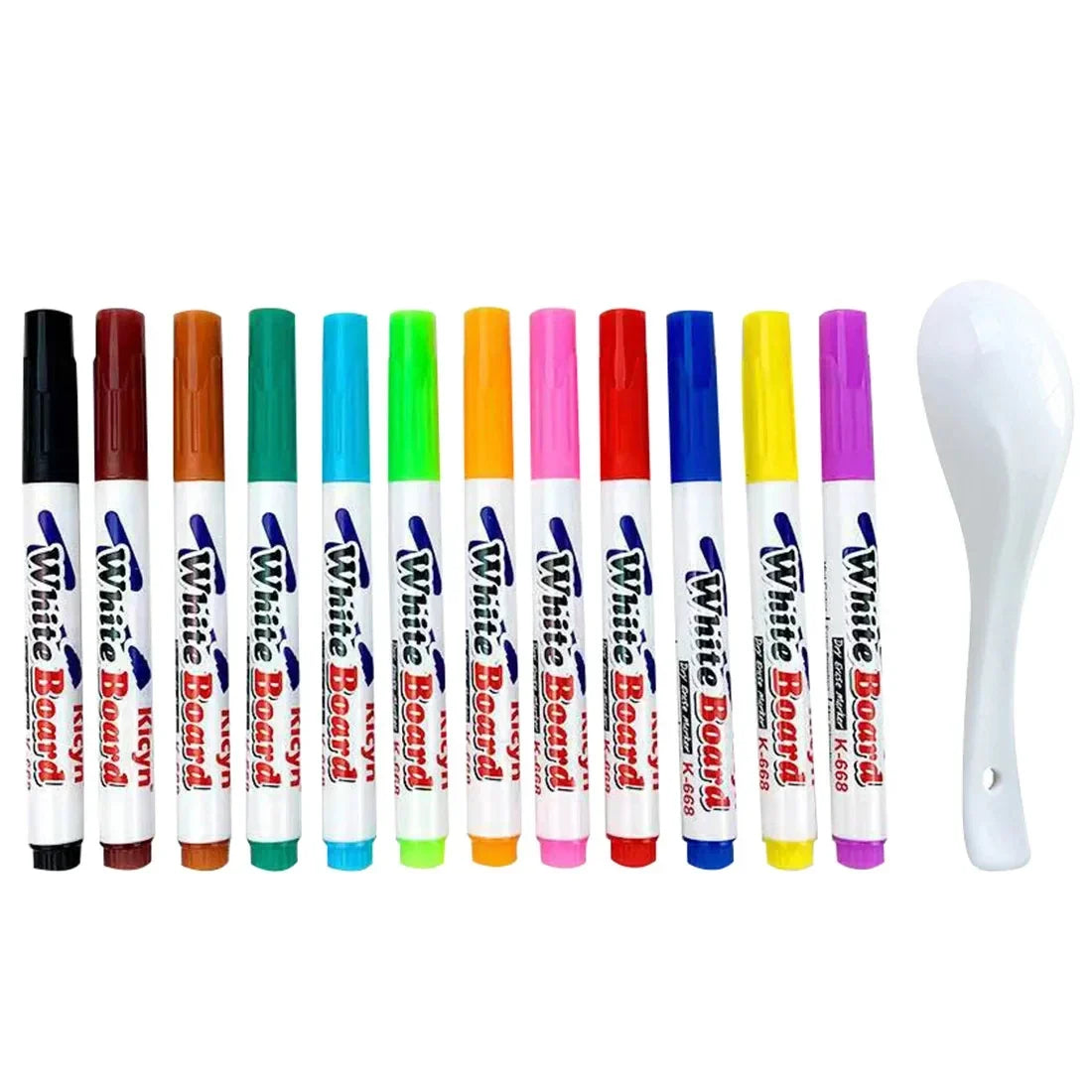 Water floating ink markers with colored caps and a white ceramic spoon for designs