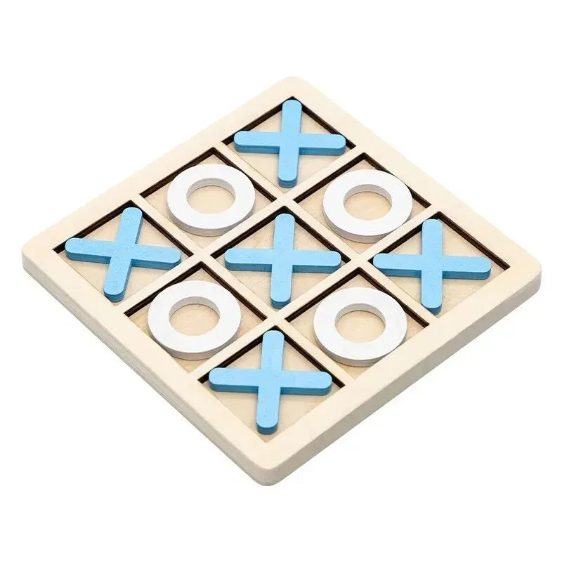 Wooden tic-tac-toe board with blue X pieces and white O rings in a 3x3 grid