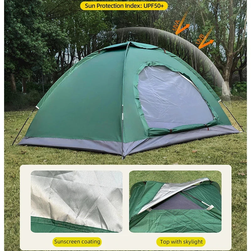 Green dome camping tent with open door and inner mesh window